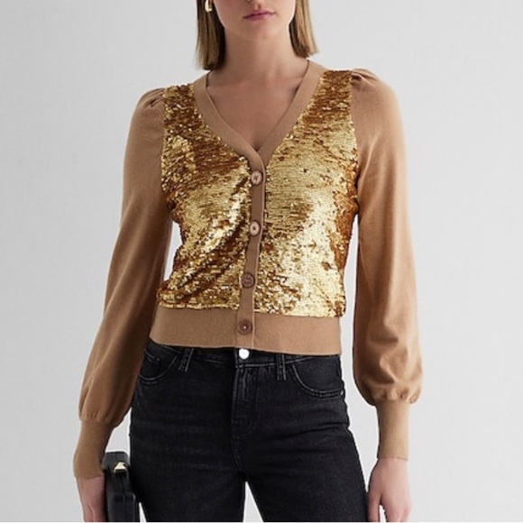 NWT Express Sequin Button Front Cardigan in Pecan - Picture 2 of 8